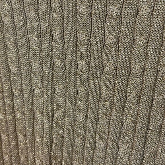Lauren Ralph Lauren V Neck Cable Knit Silk Blend Metallic Gold Sweater - Picture 3 of 5